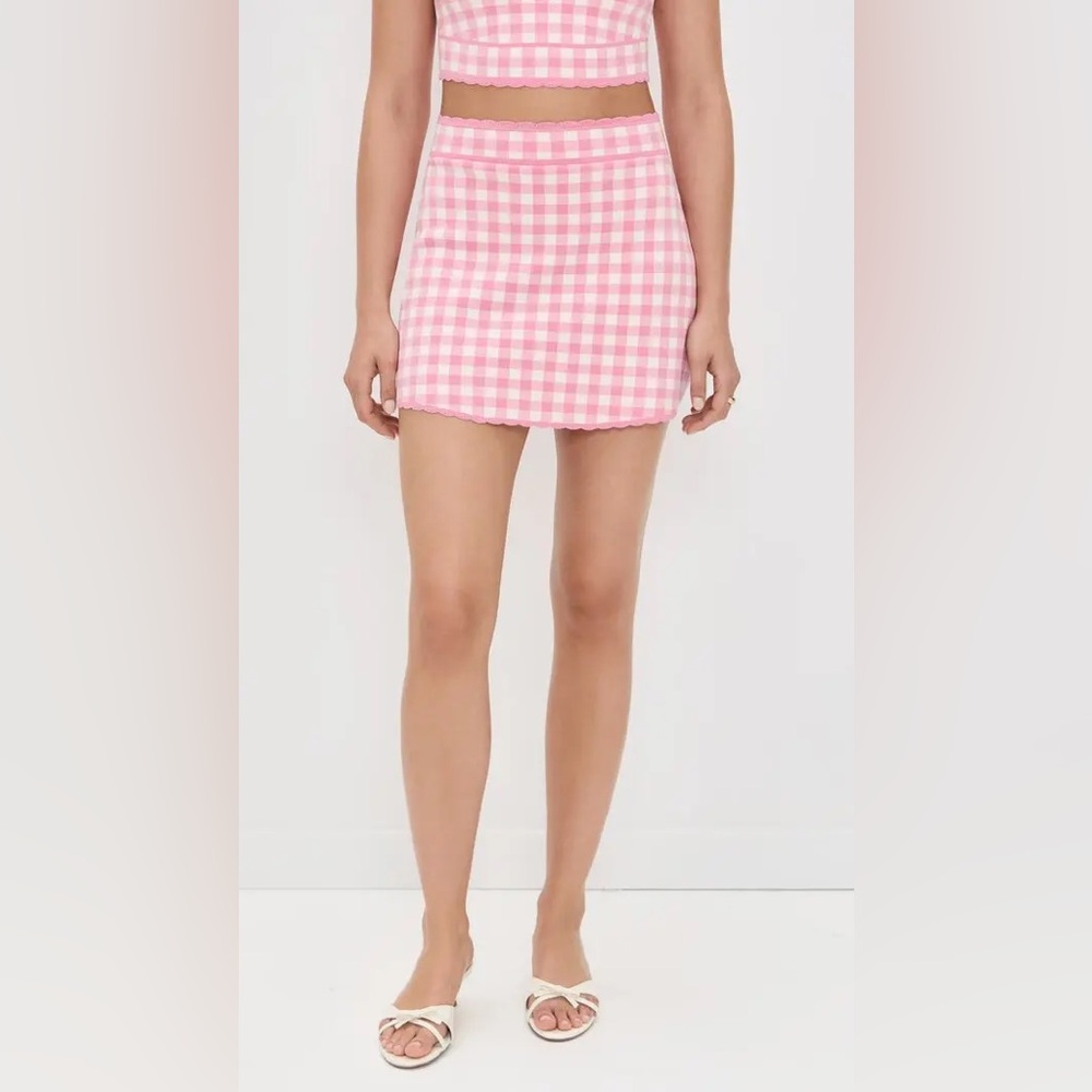 LoveShackFancy Pink and White Muna Checkered Knit Mini Skirt